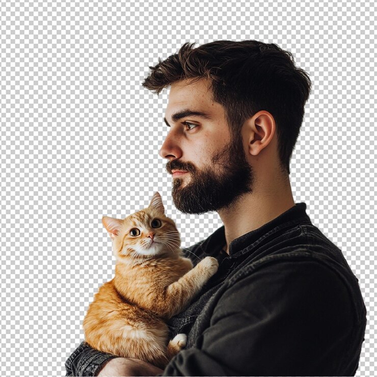 PSD hombre sensual atrapado en un tierno abrazo con un gato desbordante de afecto contra un simple fondo de png