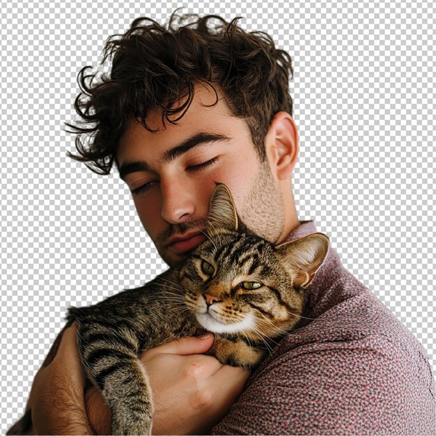 Hombre sensual atrapado en un tierno abrazo con un gato desbordante de afecto contra un simple fondo de PNG