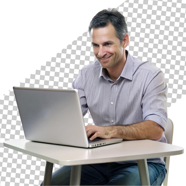 Hombre sentado en un escritorio con una computadora portátil con gafas aisladas en un fondo transparente