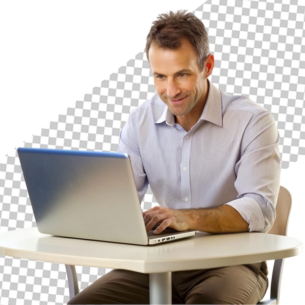 Hombre sentado en un escritorio con una computadora portátil con gafas aisladas en un fondo transparente