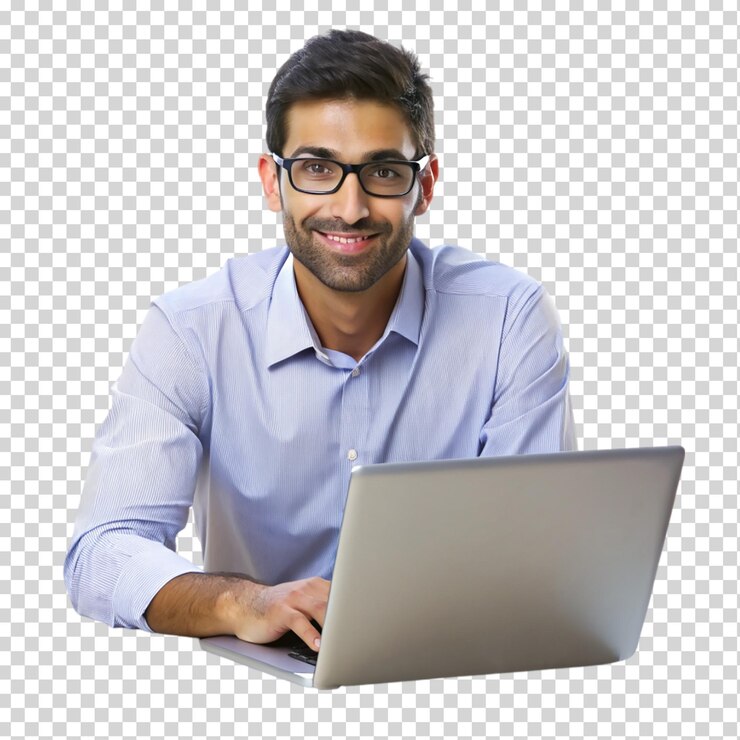 PSD hombre sentado en un escritorio con una computadora portátil con gafas aisladas sobre un fondo transparente