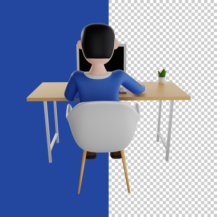 Hombre sentado frente a la computadora hombre trabajando en una computadora portátil freelancer 3d render 3d character
