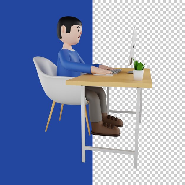 Hombre sentado frente a la computadora hombre trabajando en una computadora portátil freelancer 3d render 3d character