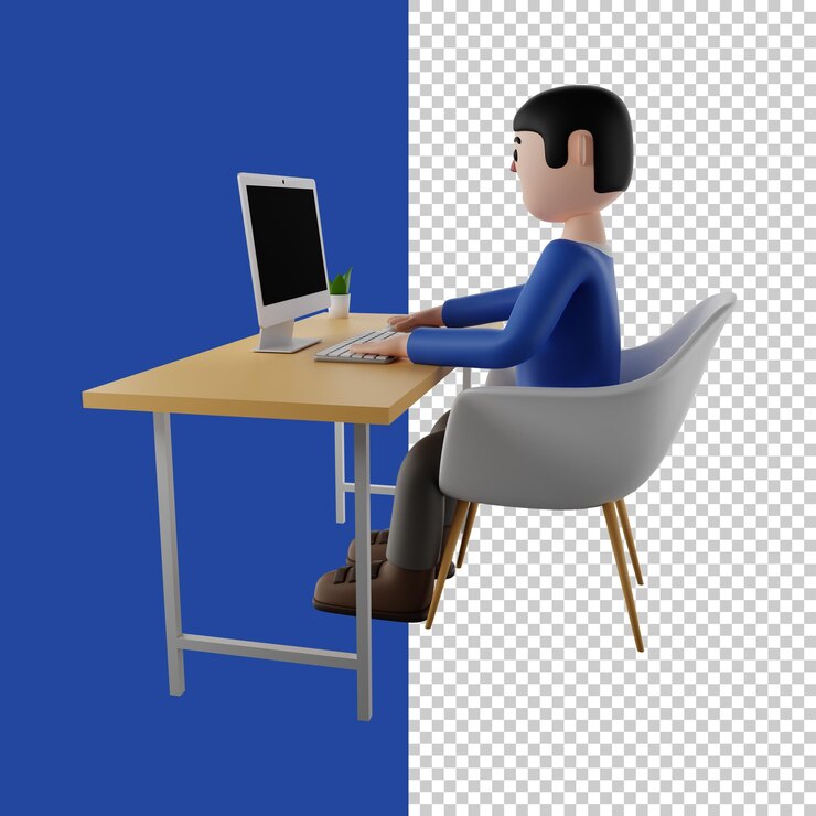 Hombre sentado frente a la computadora hombre trabajando en una computadora portátil freelancer 3d render 3d character