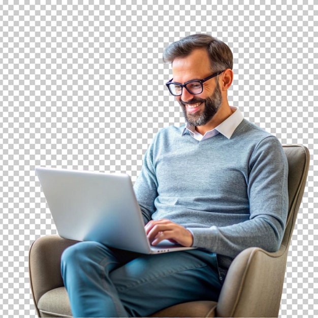 Hombre sentado en una silla con una computadora portátil con gafas