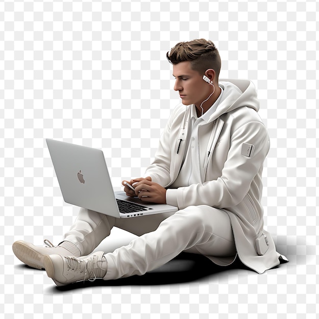 PSD un hombre sentado en el suelo con una computadora portátil y auriculares