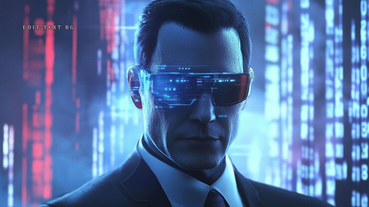 PSD hombre serio en traje con gafas futuristas contra un telón de fondo digital