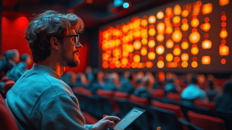 PSD un hombre se sienta en un cine viendo la pantalla con una tableta en la mano está mirando la pantalla con una sonrisa y hay otras personas en el cine a su alrededor