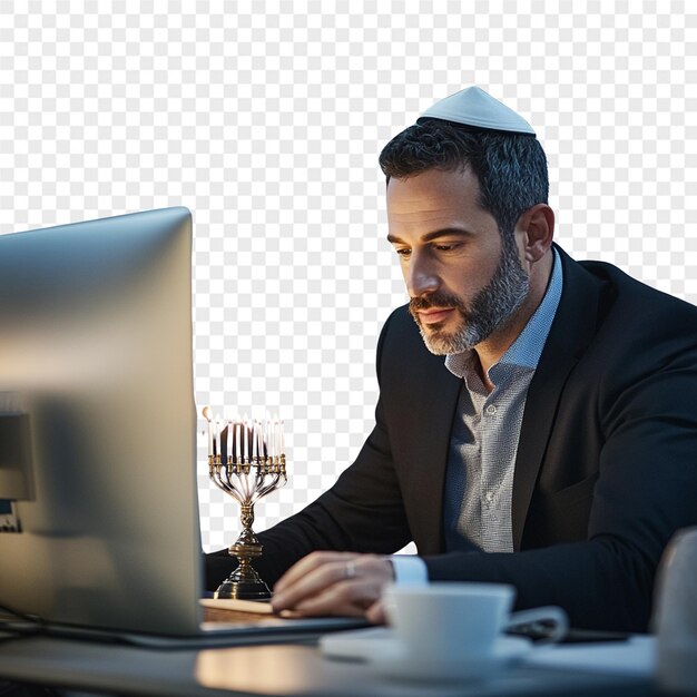 un hombre se sienta en un escritorio frente a una computadora con un hombre en la pantalla