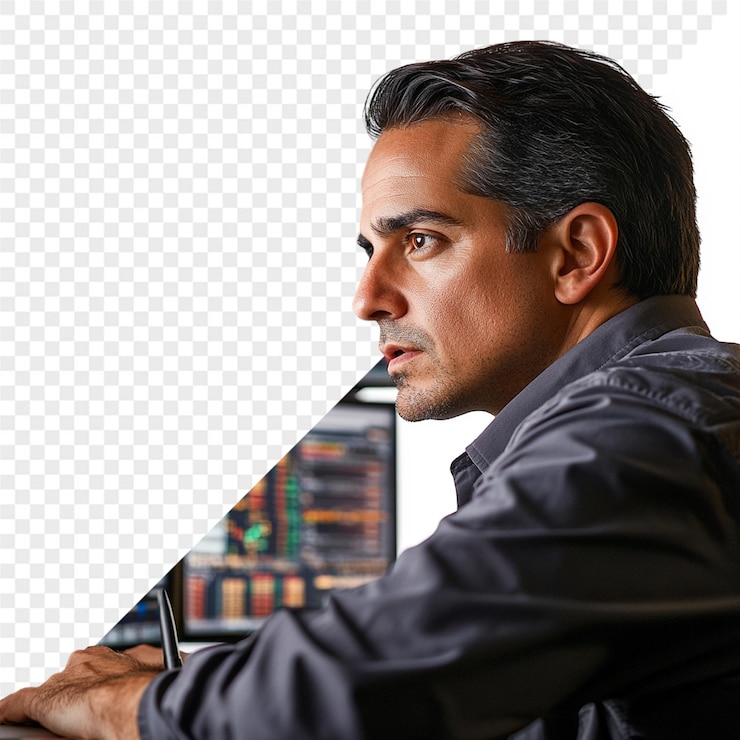 PSD un hombre se sienta frente a una computadora con una pantalla que muestra un gráfico que dice quot xm quot