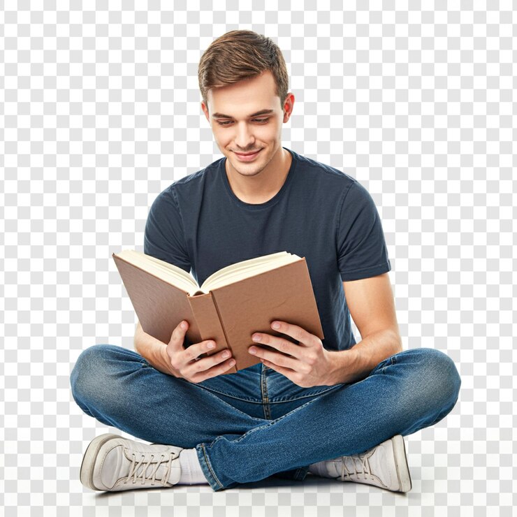 un hombre se sienta y lee un libro aislado en un fondo transparente