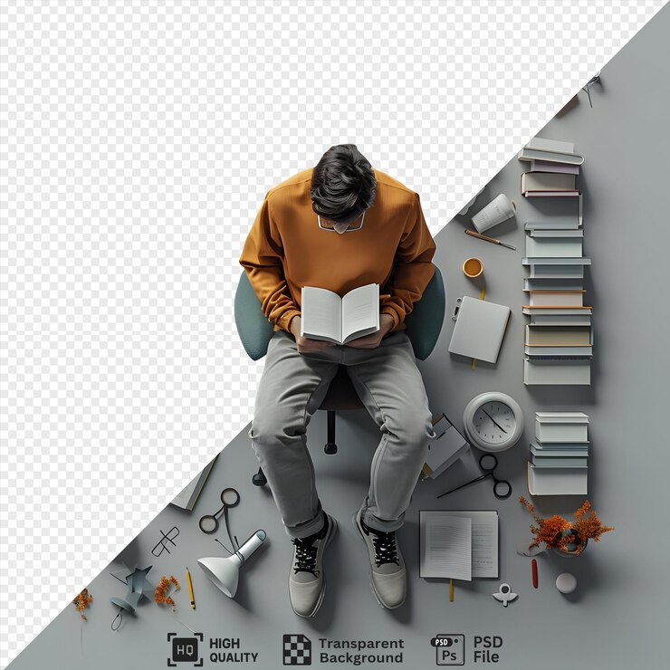 PSD un hombre se sienta y lee un libro rodeado de papelería y libros con una imagen transparente de una naranja