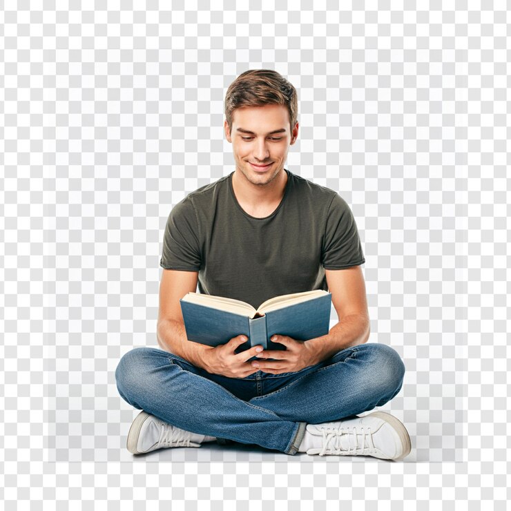 un hombre se sienta en un piso y lee un libro aislado en un fondo transparente