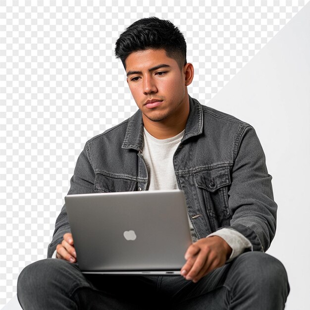 un hombre se sienta en una silla con una computadora portátil