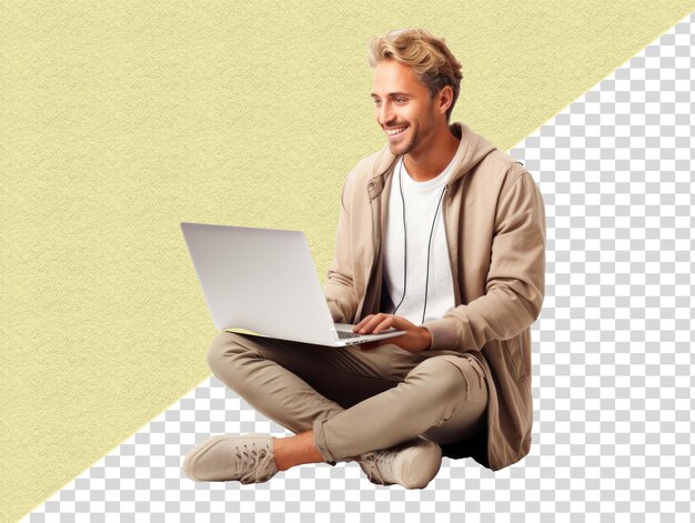 un hombre se sienta en una silla con una computadora portátil