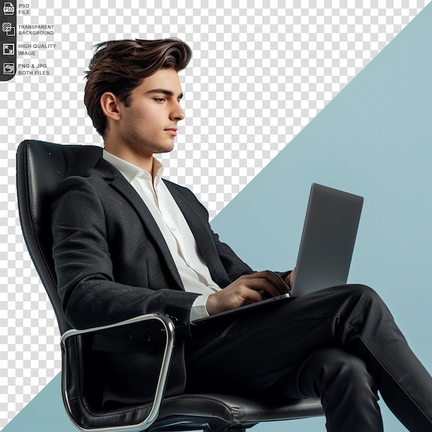 PSD un hombre se sienta en una silla de oficina con una computadora portátil