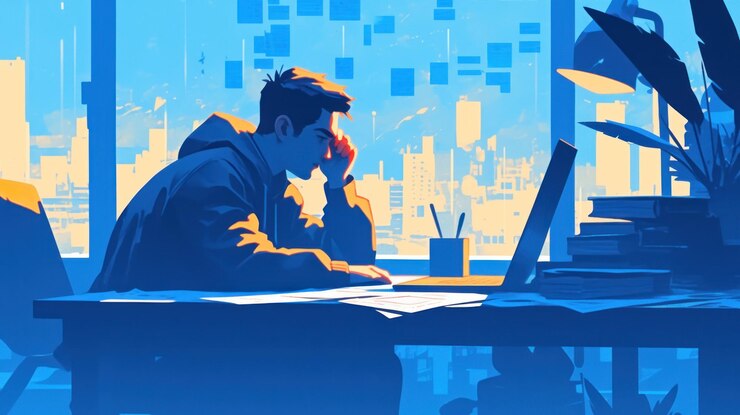 PSD un hombre se sienta en su escritorio mirando su trabajo está cansado y estresado y sus ojos están cerrados mientras se frota la frente su escritorio está cubierto de papeles y una computadora portátil