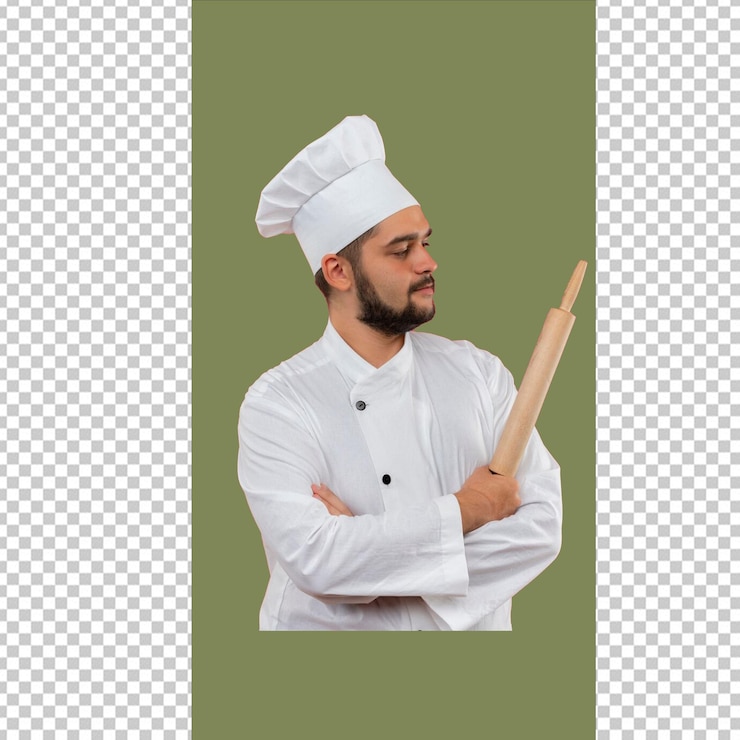un hombre con un sombrero de chef en la cabeza de pie frente a un fondo verde