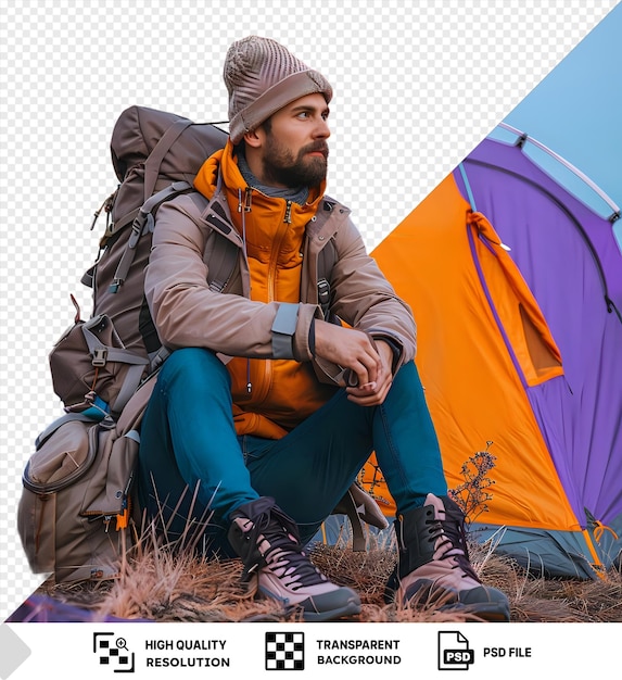 Un hombre con un sombrero empacando su mochila mientras está sentado cerca de la tienda con un cielo azul en el fondo lleva una chaqueta gris y marrón pantalones azules y botas negras png psd