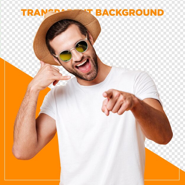 hombre con sombrero y gafas apuntando a las vacaciones de verano papel tapiz transparente