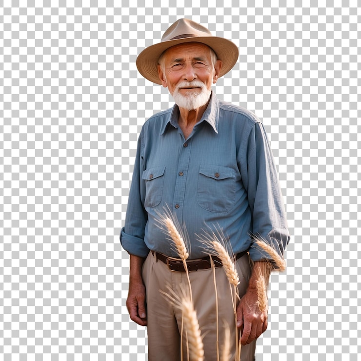 PSD un hombre con un sombrero y unas orejas de trigo se encuentra frente a una pantalla con una imagen de un granjero