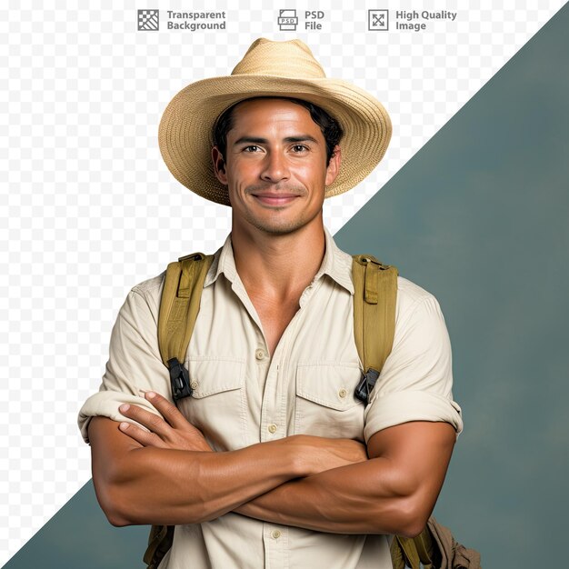 PSD un hombre con un sombrero de paja se para frente a una foto de un hombre con un sombrero de paja