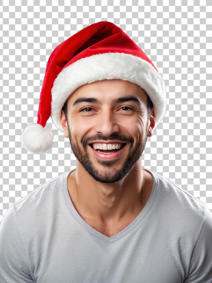 PSD un hombre con un sombrero de santa con una sonrisa en la cara