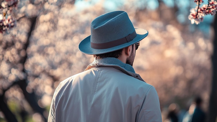 PSD hombre con sombrero vista trasera flores de primavera