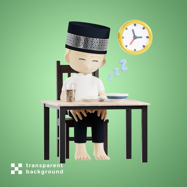 Hombre soñoliento mientras sahur desayuno Ramadán concepto 3d personaje render ilustración