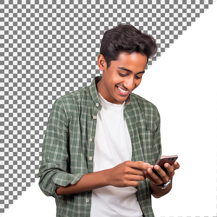 PSD un hombre sonriendo y mirando un teléfono con cara feliz