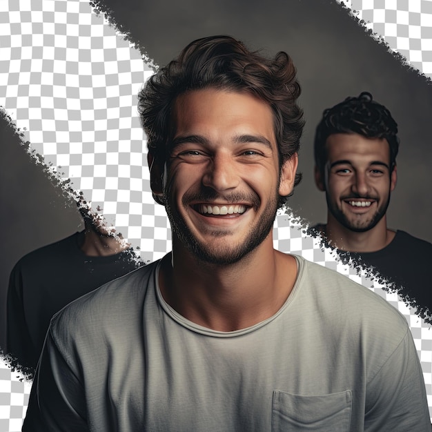 Un hombre sonriendo y sonriendo frente a un triángulo con tres hombres en el fondo.