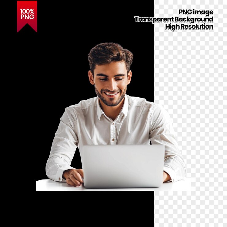 PSD hombre sonriente con camisa blanca usando una computadora portátil fondo transparente fondo eliminado