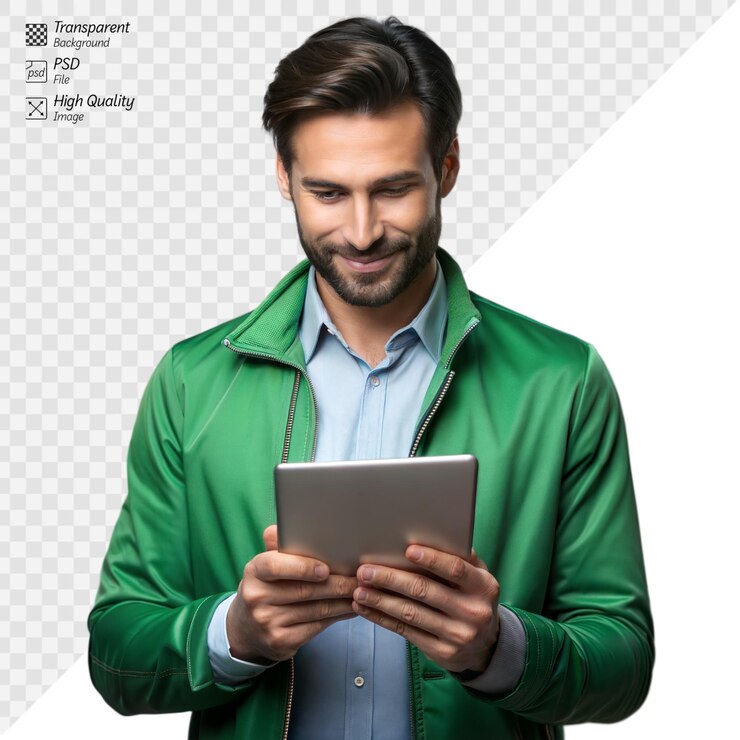 PSD hombre sonriente con chaqueta verde usando una tableta sobre un fondo transparente