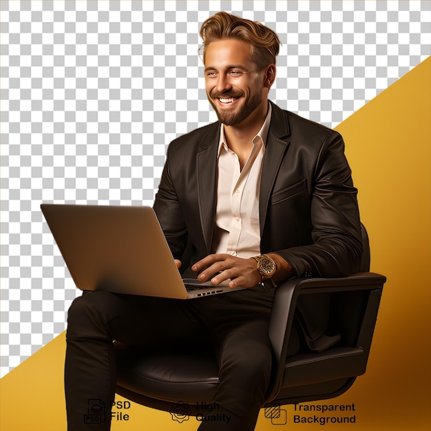 PSD hombre sonriente con computadora portátil aislado en fondo transparente incluye archivo png