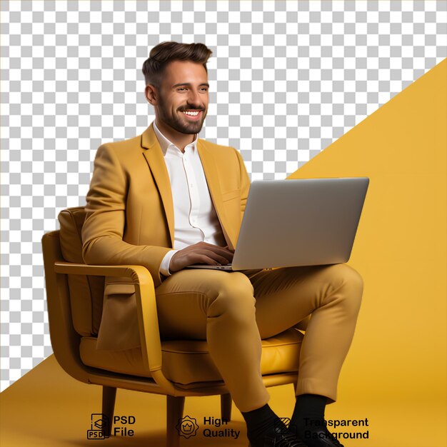 PSD hombre sonriente con computadora portátil aislado en fondo transparente incluye archivo png