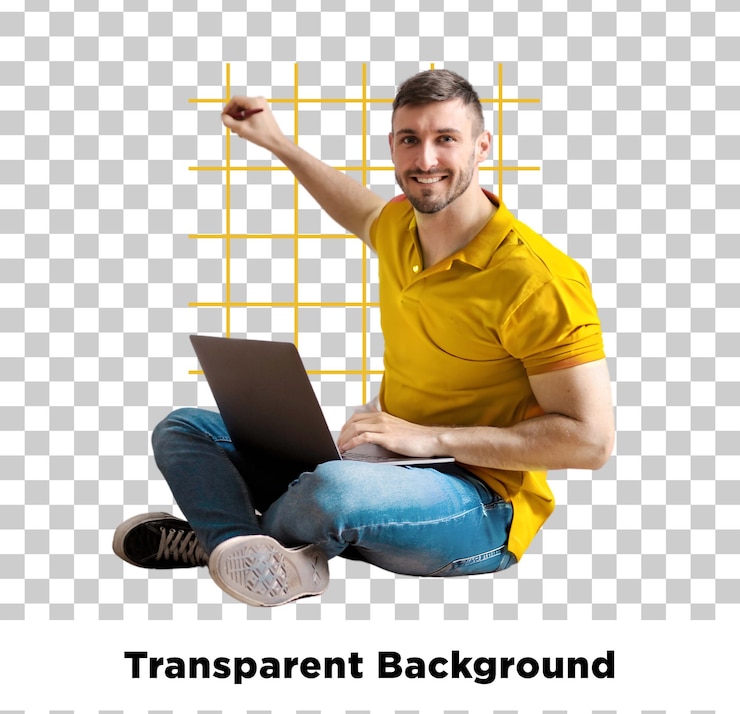 PSD hombre sonriente con una computadora portátil apuntando a la cuadrícula en un fondo transparente