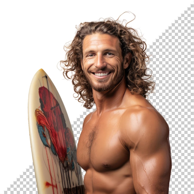 Un hombre sonriente llevando una tabla de surf