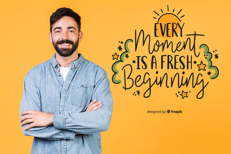 PSD hombre sonriente de pie junto a una cita positiva