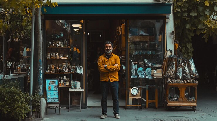 PSD hombre sonriente de pie con orgullo frente a su tienda