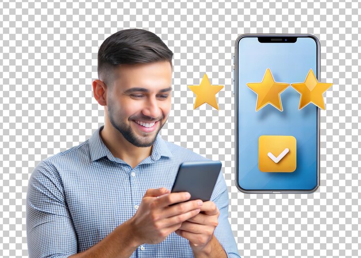 PSD hombre sonriente de png usando teléfono inteligente con tres estrellas revisión transparente