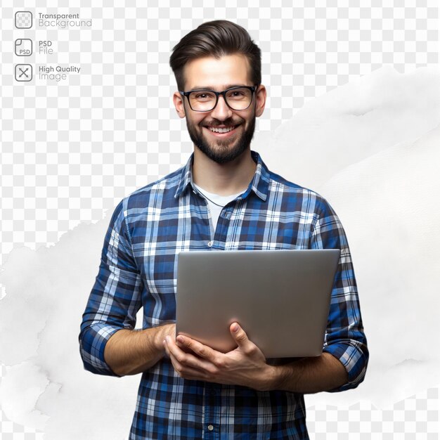 Hombre sonriente sosteniendo una computadora portátil en un fondo transparente