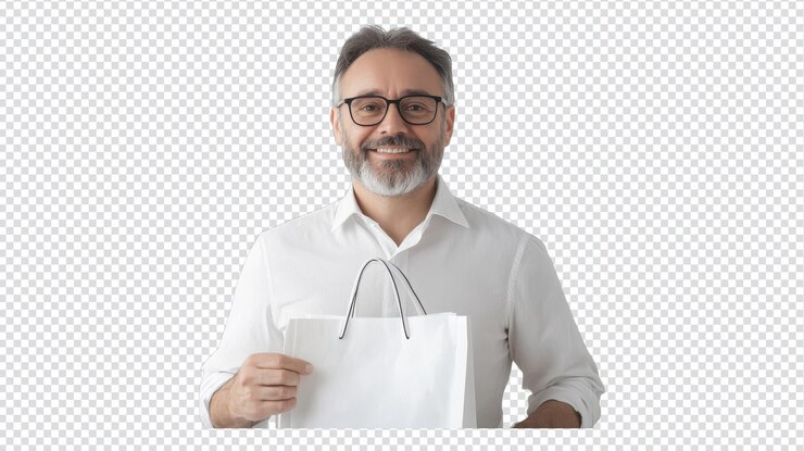 PSD un hombre sonriente sostiene una bolsa de compras y se para contra un fondo plano durante el día