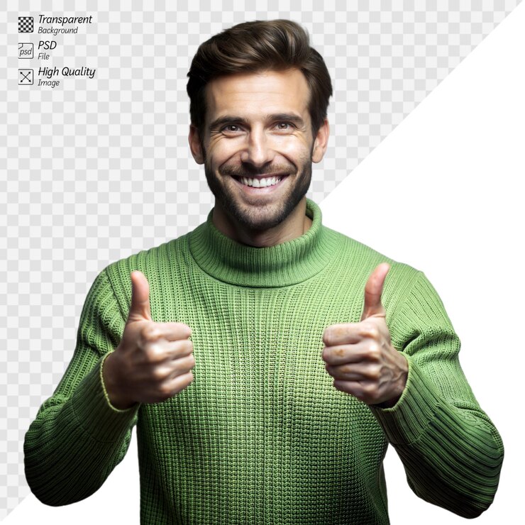 PSD hombre sonriente en suéter verde dando pulgares en el fondo transparente