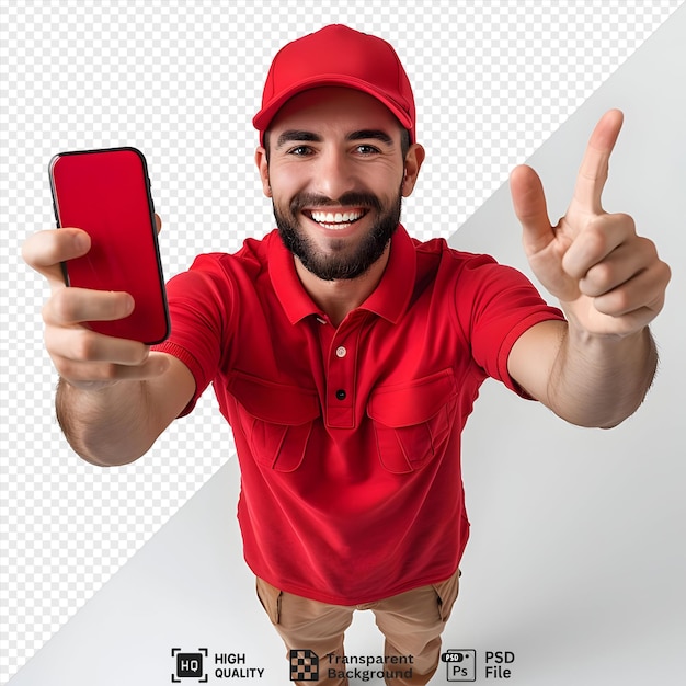 Hombre sonriente con un teléfono y apuntando hacia arriba frente a un fondo transparente de primera clase