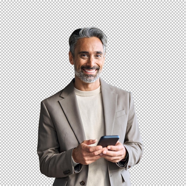 Hombre sonriente en traje sosteniendo un teléfono inteligente