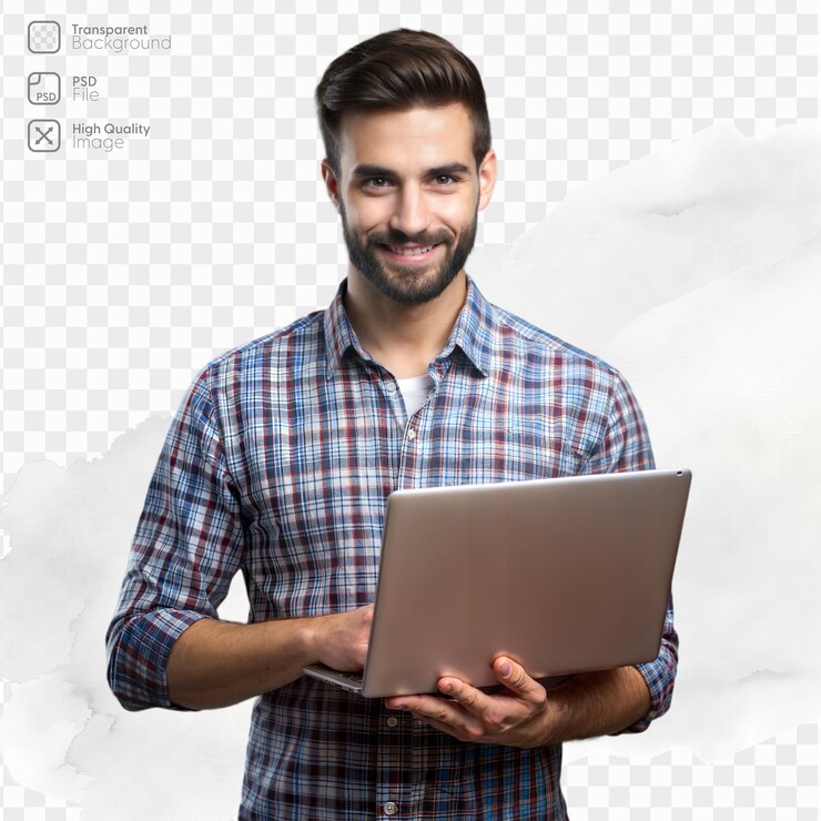 PSD hombre sonriente usando una computadora portátil con camisa a cuadros en un fondo transparente