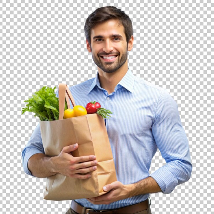 PSD un hombre sosteniendo una bolsa de verduras recién cosechadas