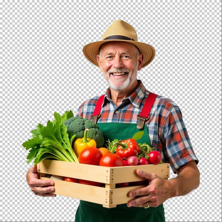 un hombre sosteniendo una caja de verduras con una imagen de un hombre manteniendo una caixa de verduras
