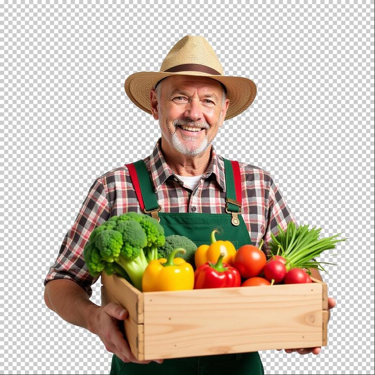 un hombre sosteniendo una caja de verduras con un sombrero en ella