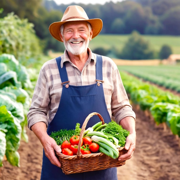 Hombre sosteniendo una canasta con un fondo de plantación de verduras orgánicas saludables